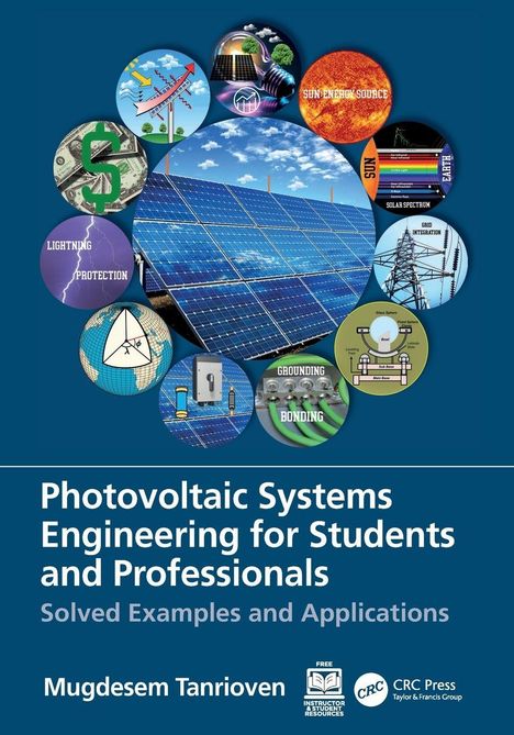 Buchtitel: "Photovoltaic Systems Engineering for Students and Professionals." Bild zeigt Solarzellen umgeben von Icons.