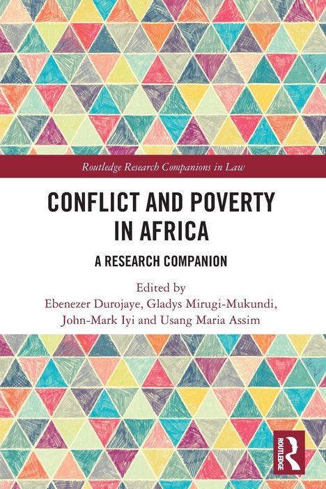 Titel: "Conflict and Poverty in Africa: A Research Companion". Buntes Hintergrundmuster mit farbigen Dreiecken. Routledge-Logo.
