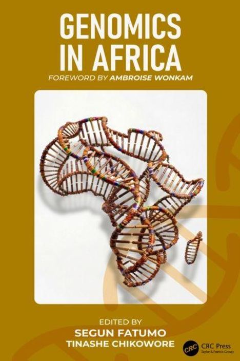 "GENOMICS IN AFRICA" mit Vorwort von Ambroise Wonkam. Ein DNA-Strang als Afrika-Kontinent vor gelbem Hintergrund.