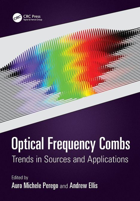 "Optical Frequency Combs" zeigt einen bunten, wellenförmigen Verlauf auf einem lila Hintergrund, von CRC Press.