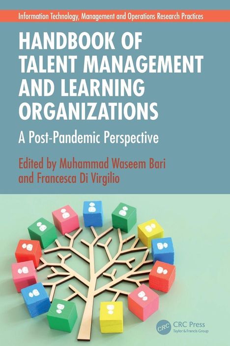"Handbook of Talent Management and Learning Organizations: A Post-Pandemic Perspective. Bunte Würfel und Baumillustration."