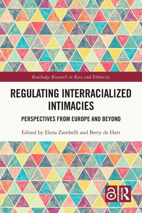 "Routledge Research in Race and Ethnicity" und "Regulating Interracialized Intimacies" auf buntem geometrischem Muster.