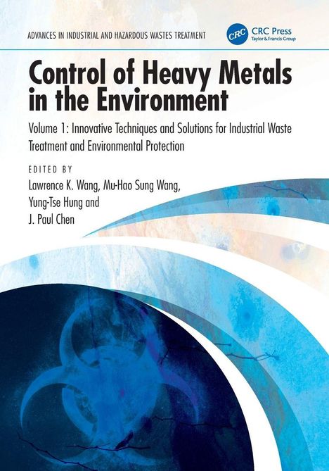 Titel: "Control of Heavy Metals in the Environment". Blaue und beige dekorative Muster mit einer wissenschaftlichen Anmutung.