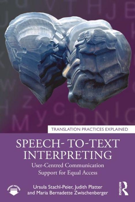 TEXT: "SPEECH-TO-TEXT INTERPRETING". Steinbüsten, die einander zugewandt sind, auf lila Hintergrund.