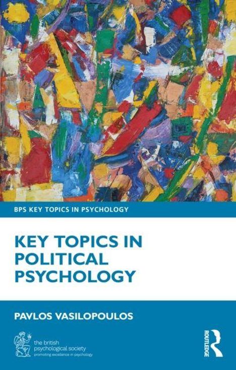 Text: "BPS Key Topics in Psychology", "Key Topics in Political Psychology", "Pavlos Vasilopoulos". Farbige abstrakte Malerei.