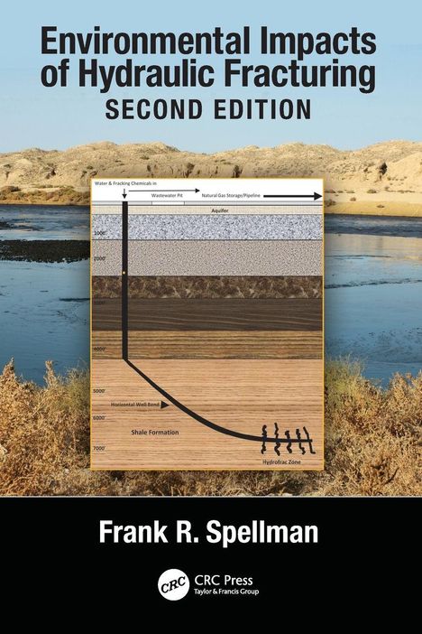 Text: "Environmental Impacts of Hydraulic Fracturing, Second Edition, Frank R. Spellman." 
Illustration: Landschaft mit Fracking-Diagramm.