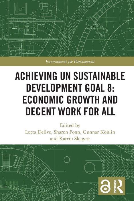 Titel: "ACHIEVING UN SUSTAINABLE DEVELOPMENT GOAL 8: ECONOMIC GROWTH AND DECENT WORK FOR ALL". Geometrisches Muster.