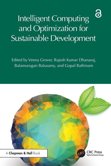 "Intelligent Computing and Optimization for Sustainable Development." Illustration mit polygonaler Erde und Blättern.