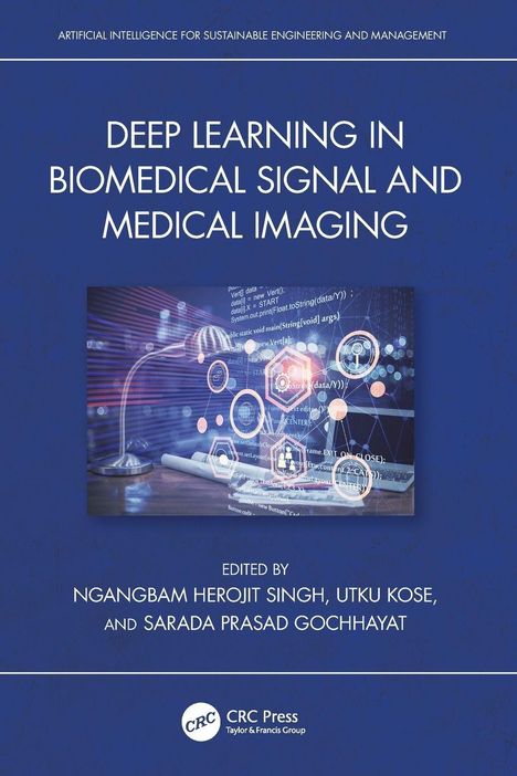 "Deep Learning in Biomedical Signal and Medical Imaging" steht in Weiß auf Blau. Eine Illustration zeigt digitale Symbole.