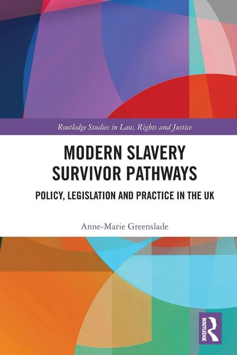 "Modern Slavery Survivor Pathways" von Anne-Marie Greenslade. Bunter abstrakter Hintergrund mit Routledge-Logo.