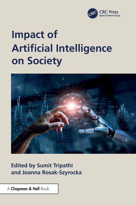 "Impact of Artificial Intelligence on Society" von Sumit Tripathi. Menschliche und Roboterhand berühren sich mit Funken.