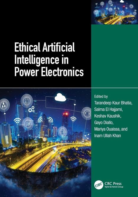 "Ethical Artificial Intelligence in Power Electronics". Bearbeitet von mehreren Autoren. Stadt bei Nacht mit AI-Symbolen.