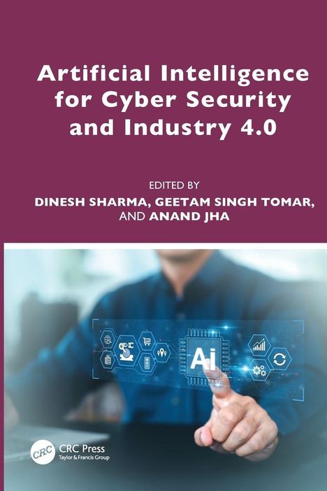 "Artificial Intelligence for Cyber Security and Industry 4.0" zeigt einen Finger, der ein AI-Panel auf einem Bildschirm berührt.