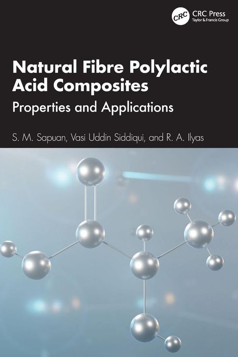 Titel: "Natural Fibre Polylactic Acid Composites". Grafik von Molekülstruktur auf blauem Hintergrund.