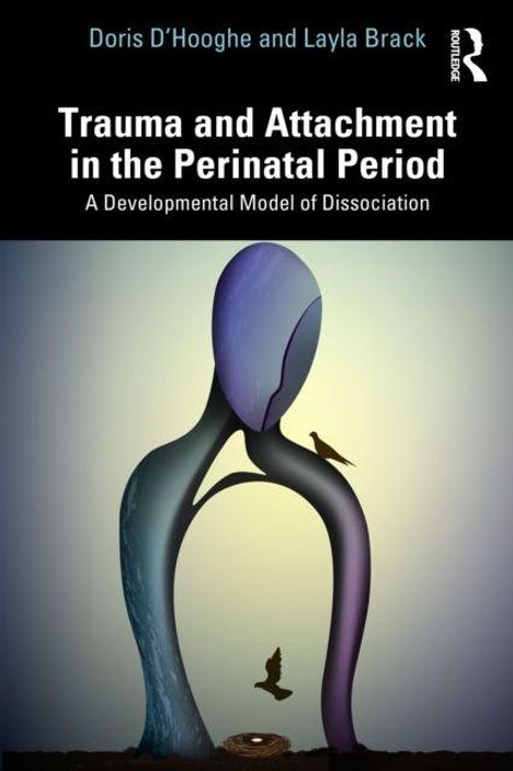 Titel: "Trauma and Attachment in the Perinatal Period". Abstrakte Figur mit Vögeln, ein dunkler, geschwungener Körper.