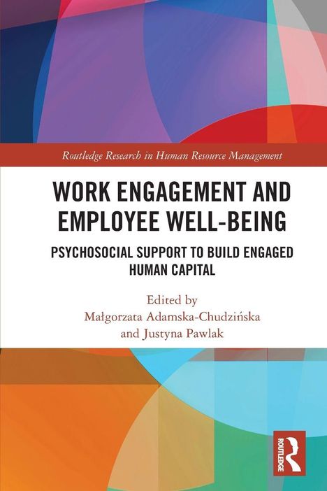 "Work Engagement and Employee Well-Being" in schwarzer Schrift auf weißem Grund; bunte geometrische Formen im Hintergrund.