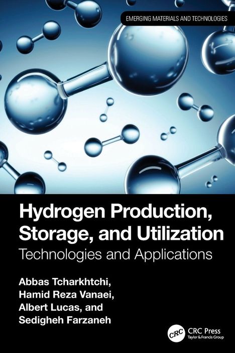 Titel: "Hydrogen Production, Storage, and Utilization". Molekül-Illustrationen auf blauem Hintergrund.