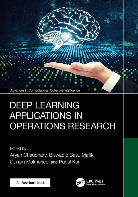 "Deep Learning Applications in Operations Research," oben ein digitales Gehirn schwebt über einer ausgestreckten Hand.