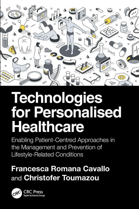 "Technologies for Personalised Healthcare" mit Illustrationen von medizinischen Symbolen, einem Arzt und einem Patienten.