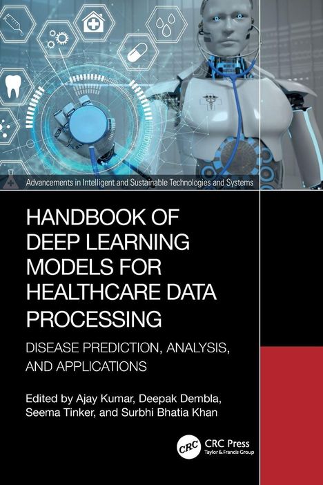 "Handbook of Deep Learning Models for Healthcare Data Processing" steht groß im Vordergrund. Ein humanoider Roboter hält ein Stethoskop.