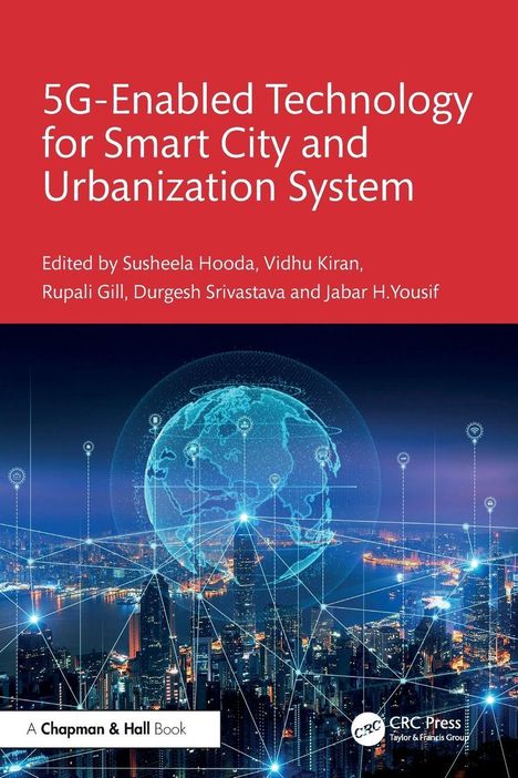 Text oben: "5G-Enabled Technology for Smart City and Urbanization System." Unten: Stadtansicht mit vernetzten Linien.
