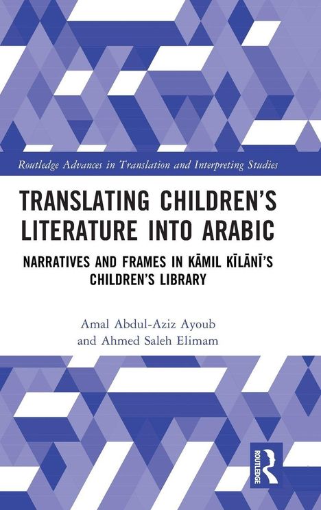 "Translating Children’s Literature into Arabic" steht groß auf weißem Grund. Lila geometrisches Muster ist im Hintergrund.