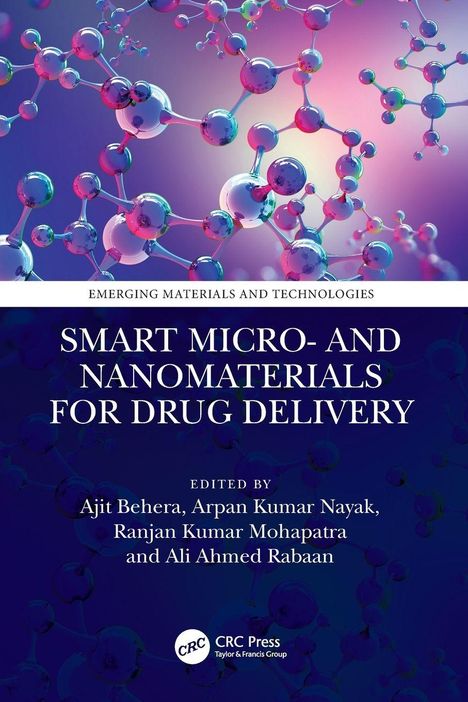 "Smart Micro- and Nanomaterials for Drug Delivery", bunte Molekülstruktur, Logo von CRC Press.