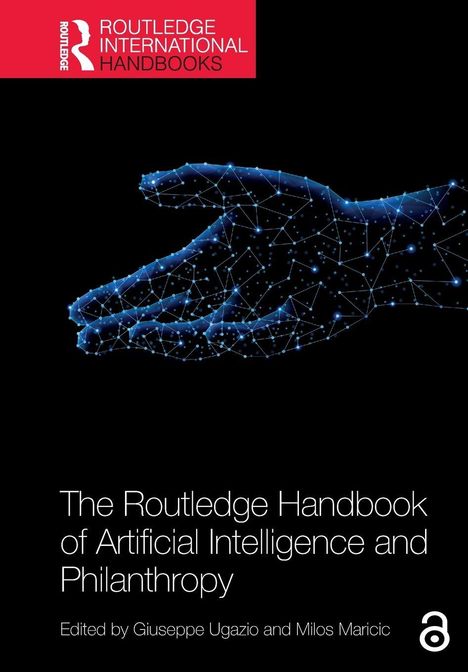 "The Routledge Handbook of Artificial Intelligence and Philanthropy." Oben links ein rotes Logo. Geometrische Hand.