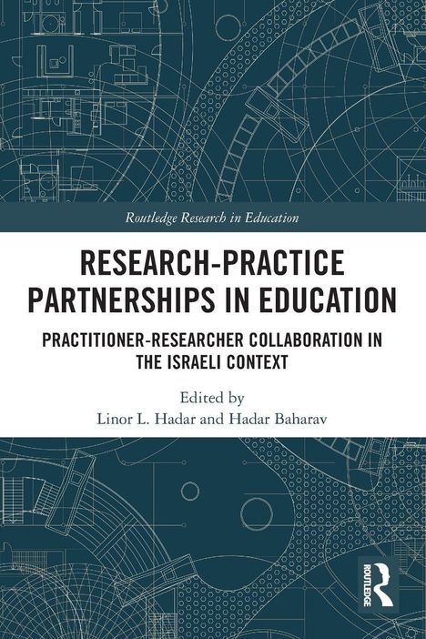 "Research-Practice Partnerships in Education" in großen Buchstaben. Blauer Hintergrund mit technischen Zeichnungen.