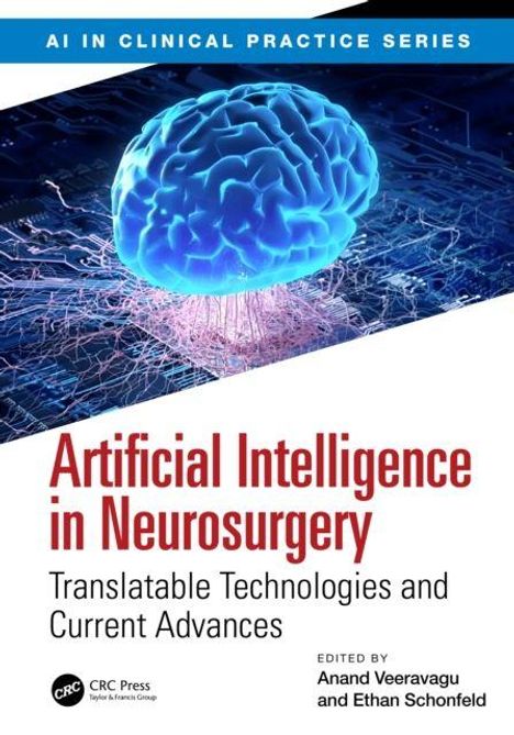 Cover der Buchreihe "AI in Clinical Practice Series", Titel: "Artificial Intelligence in Neurosurgery", mit einem leuchtenden Gehirn.