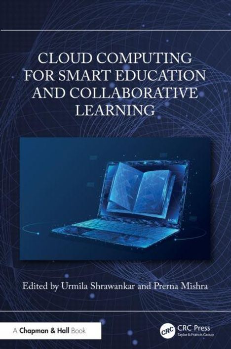 „CLOUD COMPUTING FOR SMART EDUCATION AND COLLABORATIVE LEARNING“. Illustration eines Laptops mit schwebendem Buch.