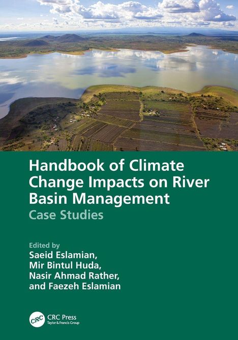 "Handbook of Climate Change Impacts on River Basin Management: Case Studies." Luftaufnahme eines Sees mit umliegenden Feldern.
