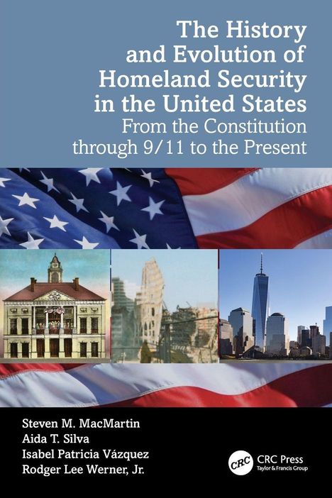 "The History and Evolution of Homeland Security in the United States" steht oben. Darunter Bilder der US-Flagge und Gebäude.