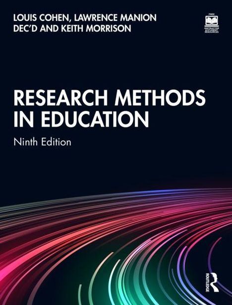"Research Methods in Education, Ninth Edition" oben Autoren, unten bunte, geschwungene Linien, dunkler Hintergrund.
