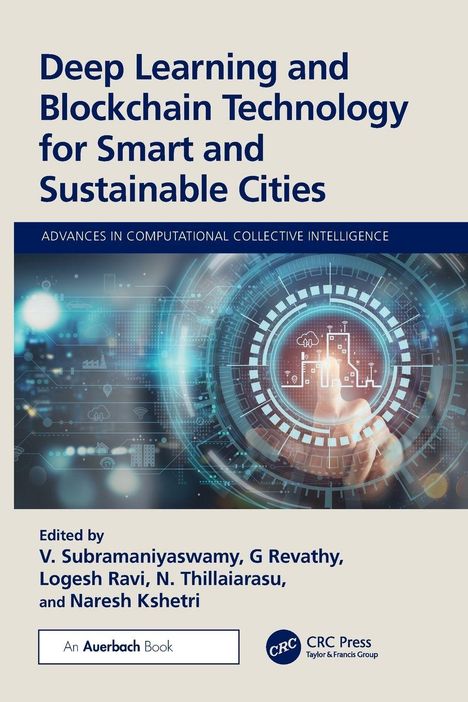 Titel: Deep Learning and Blockchain Technology for Smart and Sustainable Cities. Kreisdiagramm mit Hand.