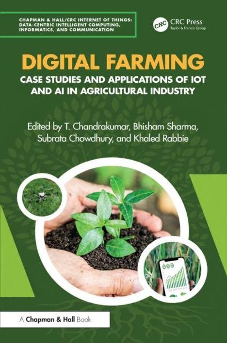 „Digital Farming: Case Studies and Applications of IoT and AI in Agricultural Industry“ steht oben. Hände halten eine kleine Pflanze.