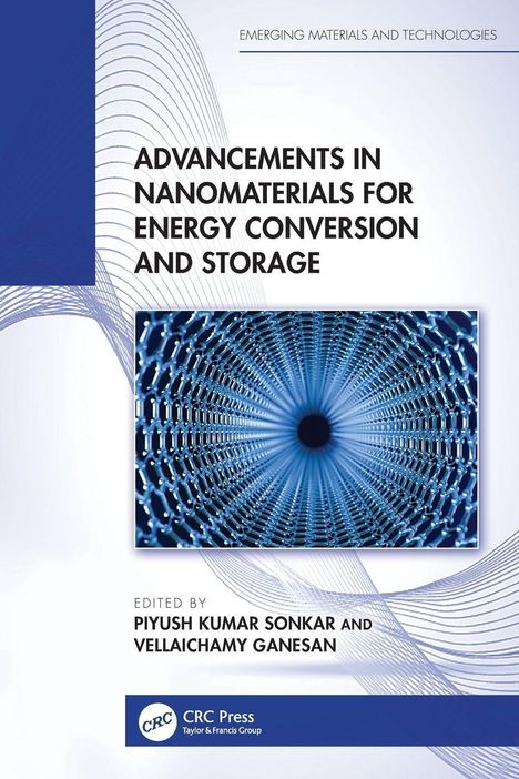 "Advancements in Nanomaterials for Energy Conversion and Storage". Illustration: Molekulare Struktur in Blau.