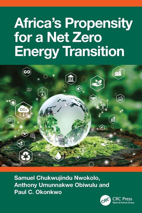 Aufschrift: "Africa's Propensity for a Net Zero Energy Transition". Kugel mit Afrika-Kontinent auf moosbewachsenem Boden.