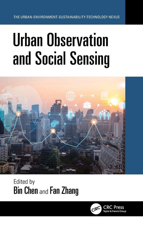 Text: "Urban Observation and Social Sensing, Edited by Bin Chen and Fan Zhang." Hintergrund zeigt eine Stadtansicht bei Sonnenuntergang.