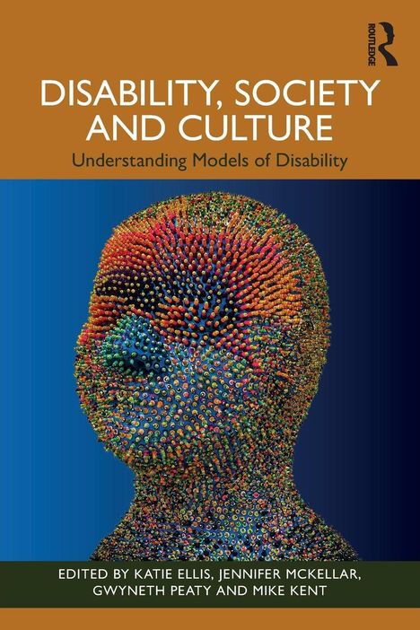 „DISABILITY, SOCIETY AND CULTURE“ in Weiß auf Braun. Darunter ein bunter, pixelartiger Menschenkopf vor blauem Hintergrund.