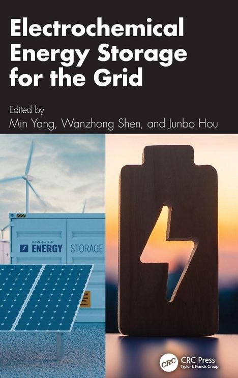 Titel: "Electrochemical Energy Storage for the Grid" von Min Yang, Wangzhong Shen, und Junbo Hou. Links Solarpaneele, rechts ein Batterie-Symbol.
