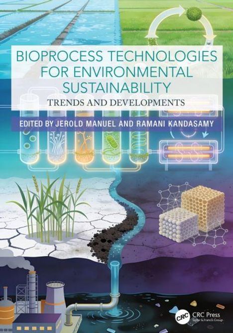 Buchcover mit Text "Bioprocess Technologies for Environmental Sustainability". Illustration mit Natur und Industrieprozessen.
