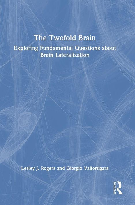 Text: "The Twofold Brain: Exploring Fundamental Questions about Brain Lateralization." Namen der Autoren. Blaues, strukturiertes Muster im Hintergrund.
