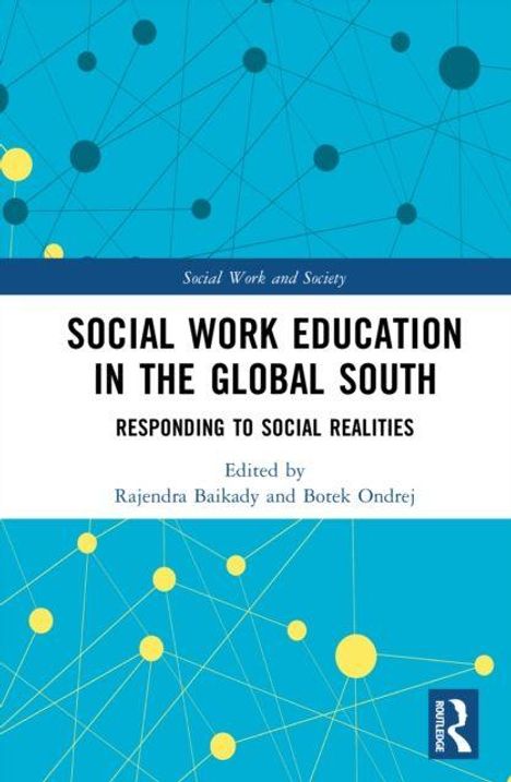 „SOCIAL WORK EDUCATION IN THE GLOBAL SOUTH“, blauer Hintergrund mit gelben und schwarzen Punkten und Linien.