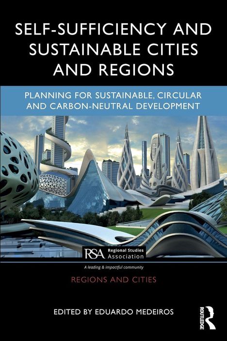 Buchtitel: "Self-Sufficiency and Sustainable Cities and Regions". Illustration futuristischer Architektur.