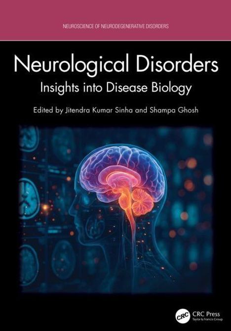"Neurological Disorders: Insights into Disease Biology." Ein leuchtendes Gehirn in holografischem Stil vor digitalem Hintergrund.