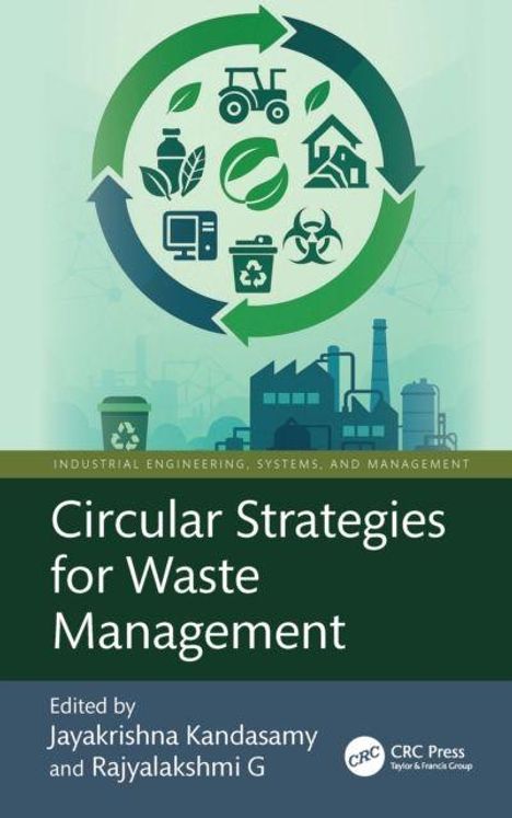 Circular Strategies for Waste Management. Symbole für Recycling, Landwirtschaft und Industrie vor einer Stadtlandschaft.