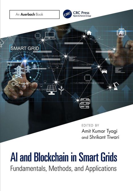 "AI and Blockchain in Smart Grids” Buchcover, mit Illustrationen von vernetzten Technologiekonzepten und abstrakten Symbolen.