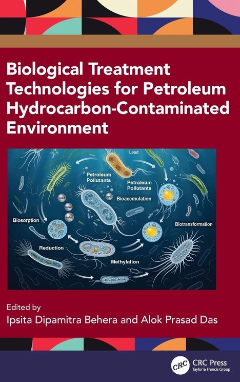 Der Text beschreibt biologische Behandlungstechniken für mit Erdöl kontaminierte Umgebungen. Eine Illustration zeigt Mikroorganismen in Interaktion mit Schadstoffen.
