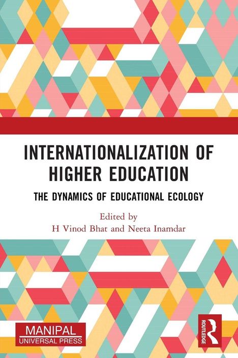 "INTERNATIONALIZATION OF HIGHER EDUCATION" ist in der Mitte. Bunte geometrische Muster in Rot, Gelb, Türkis.